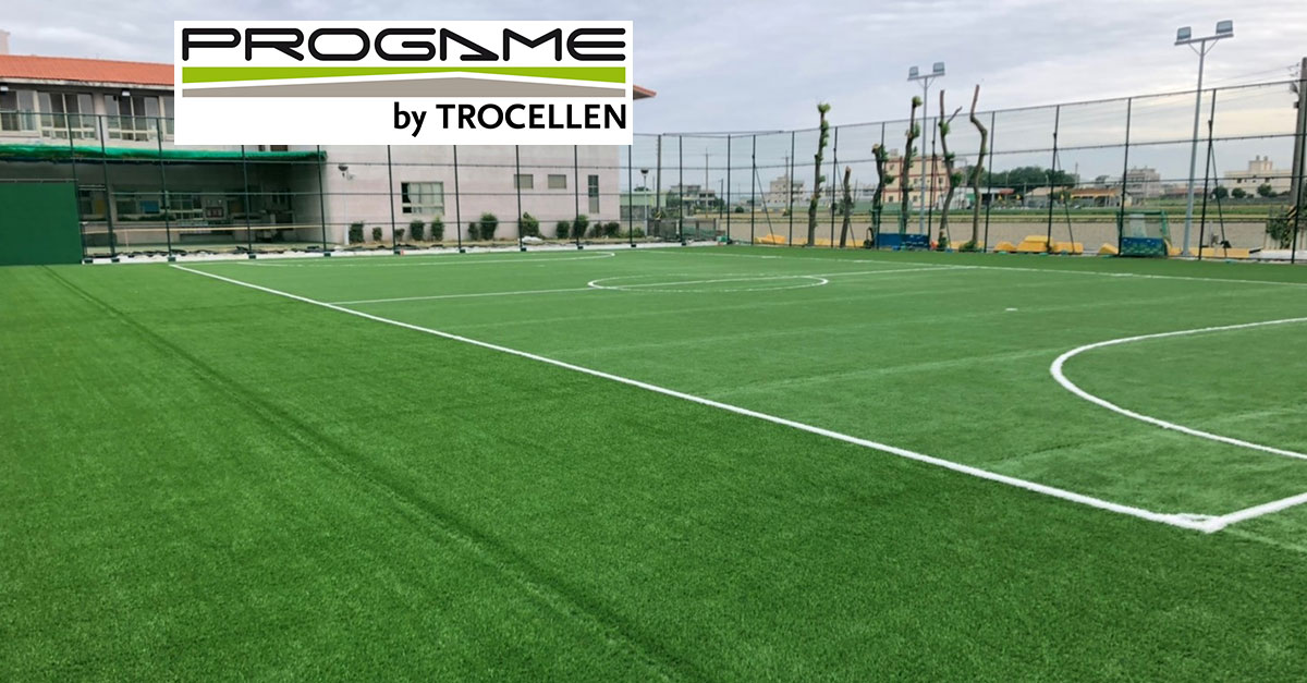 Artificial turf football pitch with a shock pad in Da Shing
